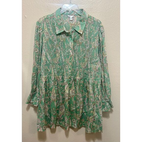 Cato Plus Paisley Blouse 22/24W Green Boho Peplum Smocked Shirt - Picture 1 of 6